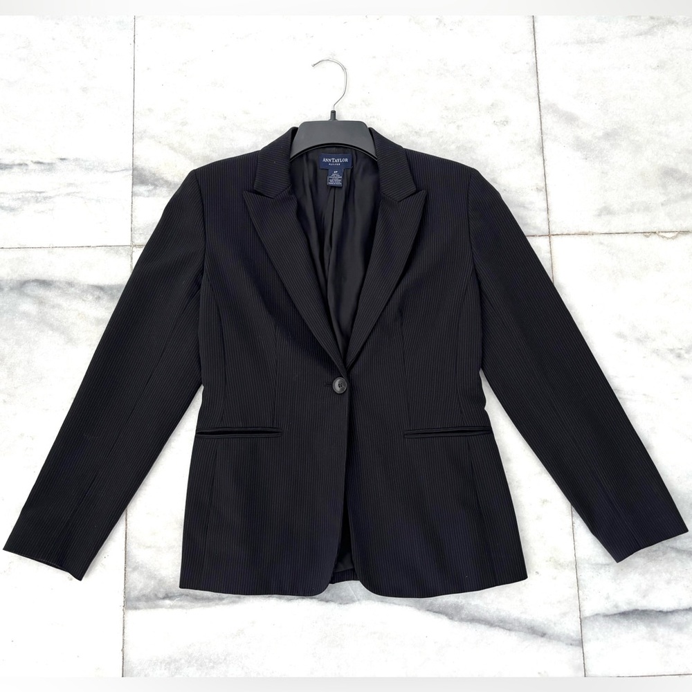 VTG Ann Taylor Blazer Black Pinstripe Wool One Button Women 2P Career Minimalist